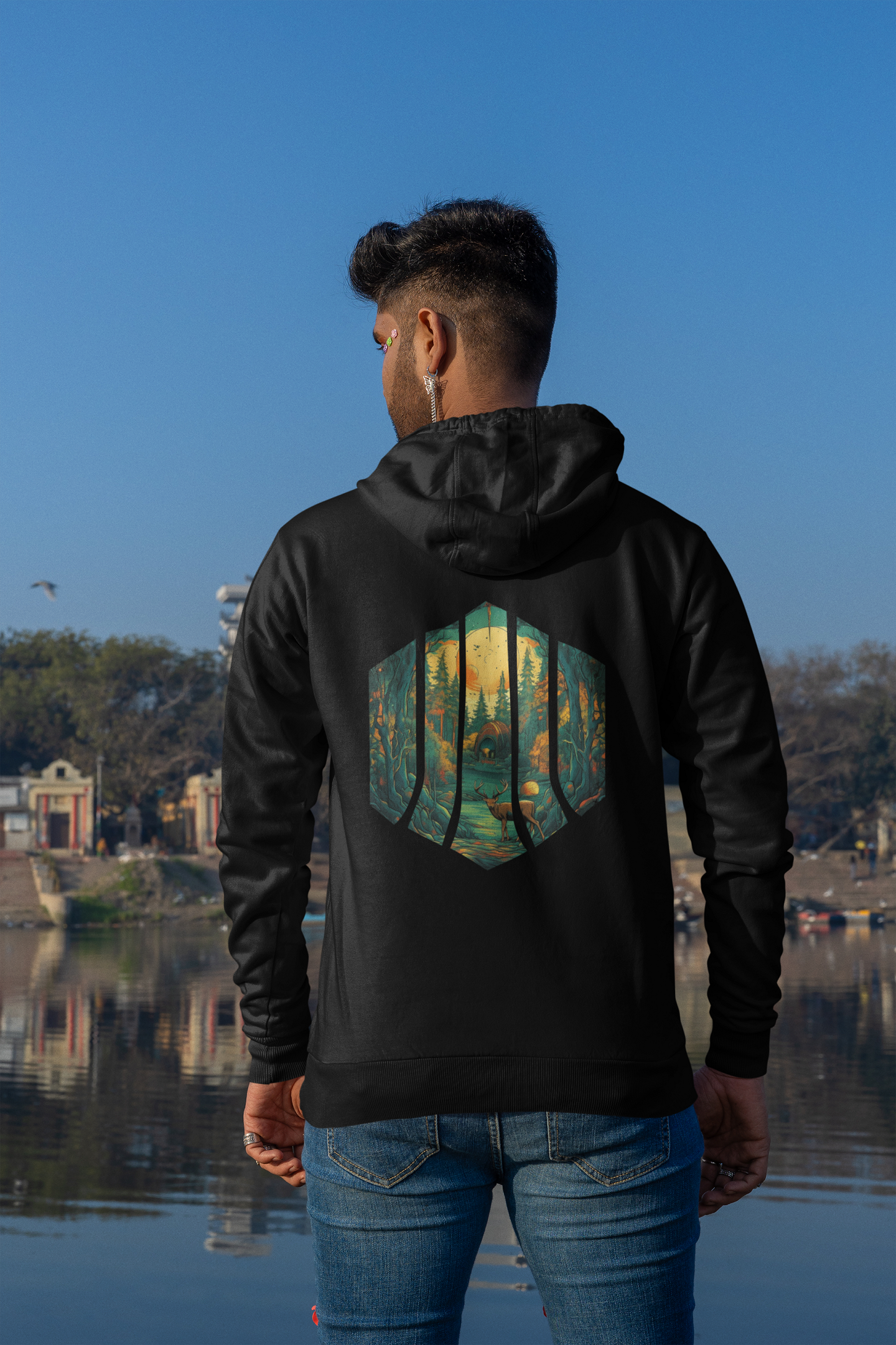 Unisex Hoodie : Striped Forest Deer